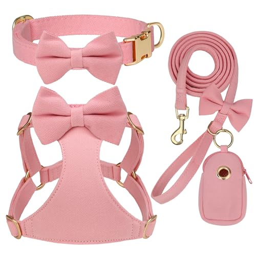 Beirui Adorable Small Dog Harness Collar Leash Set,Cute Puppy Harness with 3 Bows for XS Dogs,Yorkie,Adjustable Step-in Ve...