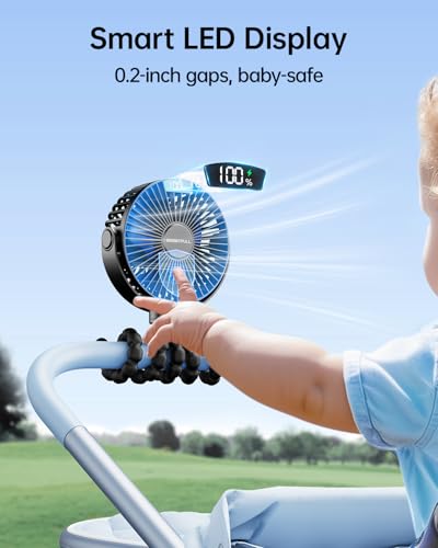 SWEETFULL Portable Stroller Fan with LED Display, 4 Speed Rechargeable Mini Clip On Fan, 360° Rotate Flexible Tripod Bette...