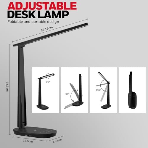 Honeywell HWT-H2 LED Desk Lamp, CRI94 Full Spectrum Eye-Caring Table Light, Foldable Dimmable 4 Color Modes with USB A+C C...