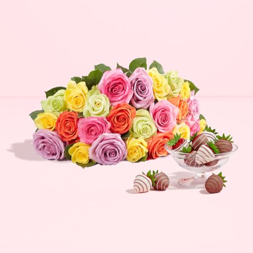 Shari’s Berries 24 Assorted Roses with Vase & 6 Gourmet Chocolate Covered Strawberries Gift Set| Flower & Chocolate Gift D...