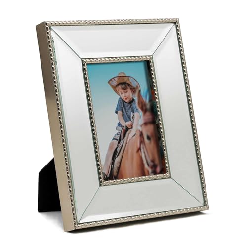 YUNDINGJI 4x6 Beveled Clear Mirror Champagne Silver Pearl Dot Photo Frame-Organic Glass Black Velvet Back Panel for Famil...
