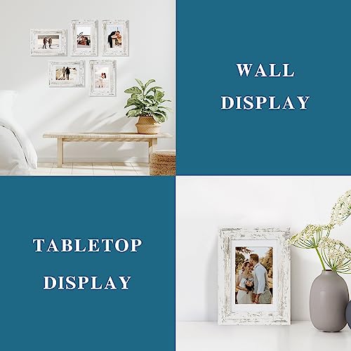 Hongkee 5x7 Picture Frame Set of 2, Made of Real Glass and Distressed White Wooden Frame - Display Pictures 4x6 with Mat o...