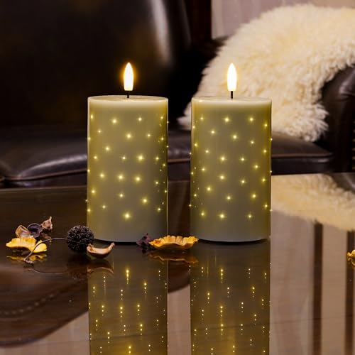 Rhytsing Sage Green Fiber Optic Real Wax Flameless Candles with Remote, Battery Operated Decorative Pillar Candles for Spr...