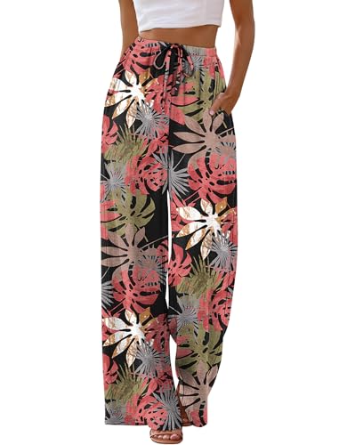 Sampeel Wide Leg Pants for Women Flowy Palazzo Drawstring Elastic Waist Trousers with Pockets Summer Beach Vacation Clothes