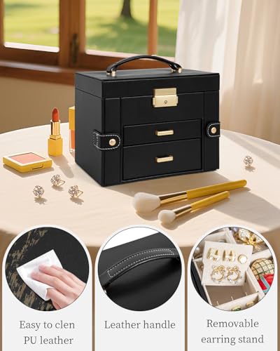 TORIBIO Jewelry Box for Women, Leather Jewelry Organizer with Mirror & Lock, 3-Tier Jewelry Storage Organizer with 2 Drawe...