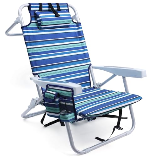Yestomo Beach Chairs for Adults Heavy Duty, Compact Portable Lay Flat Folding Chair with Backpack Straps and Large Cooler ...