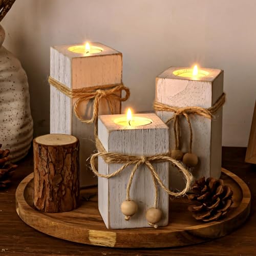 MelonBoat Rustic Flameless LED Candles 3-Pack, Battery Operated Candles with Wooden Candle Holders, White Rustic Farmhouse...