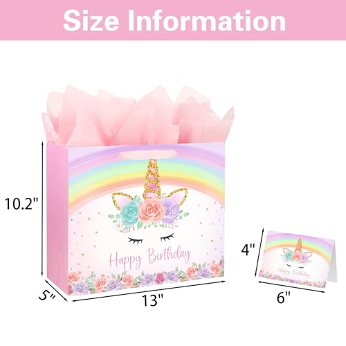 Yusenguan 13" Unicorn Birthday Gift Bag with Greeting Card and Tissue Paper for Baby Girls and Kids Birthday Party (Rainbo...