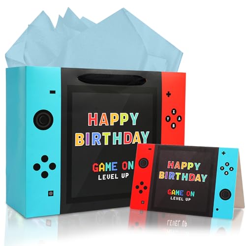JOARHONAL Video Game Birthday Gift Bag - 13" Large Happy Birthday Gift Bag with Tissue Paper and Card for Boys Kids Video ...