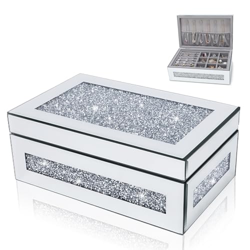 Poeuai Glam Rhinestone Crystal Silver Glass Jewelry Box, Sparkly Blinged Out Mirror Jewelry Box for Women, Elegant Jewel B...