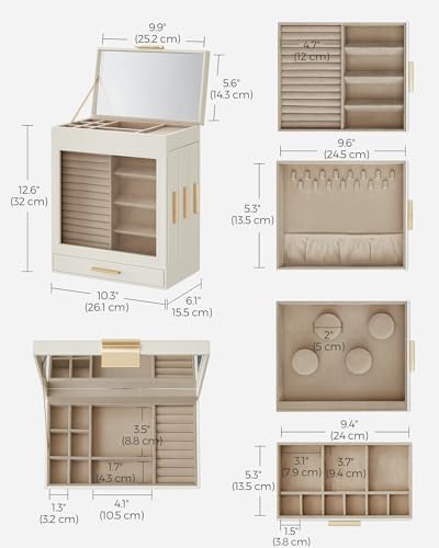 SONGMICS Jewelry Box with Glass Window, 5-Layer Jewelry Organizer with 3 Side Drawers, Jewelry Storage, with Big Mirror, M...