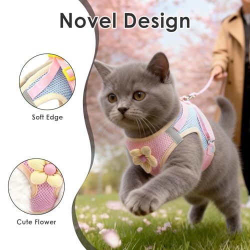 Cat Harness and Leash Set Escape Proof, Adjustable Leash & Breathable Mesh Vest with Reflective Strips & Flower, (S)