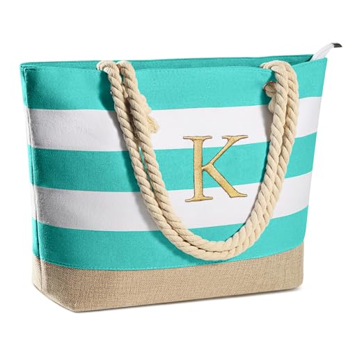 YOOLIFE Initial Canvas Waterproof Beach Tote Bag Zipper Personalized Gifts for Women Her Birthday Travel Beach Essential