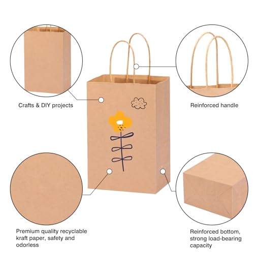 OUTUXED 150pcs Brown Paper Gift Bags, 5.25x3.2x8in Small Paper Bags with Handles Bulk for Shopping, Birthday, Wedding, Mer...