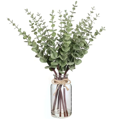VIERENA 17.5" Artificial Eucalyptus Stems in Glass Vase with Faux Water,Fake Plant Eucalyptus Leaves White Seeds for Cente...