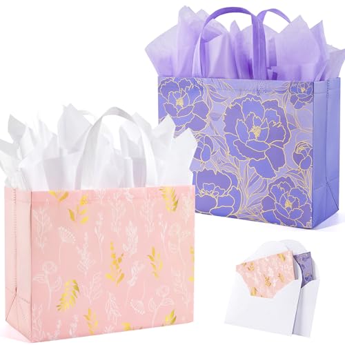 YANGTE 2 Pack 13" Large Beautiful Gift Bags Set with Greeting Card and Tissue Paper, Reusable Non-Woven Gift Wrap Bags wit...