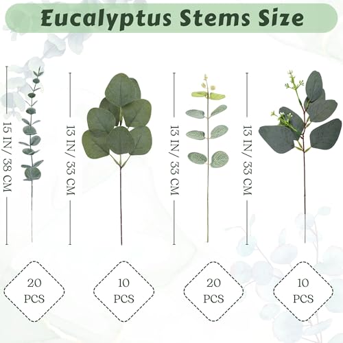N MAGEAN Eucalyptus Leaves Stems 60 PCS, 4 Kinds Mixed Artificial Greenery Stems for Wedding Decor Vase Floral Arrangement...