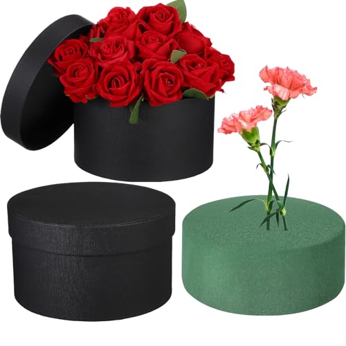 Nuenen Round Gift Box with Lid & Floral Foam Set, Black, 2 pcs, Gift Boxes for Flowers for Mother's Day Bridesmaid Wedding...