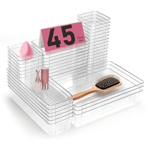 VEXTHYX Clear Plastic Drawer Organizers Set of 45 Vanity trays Stackable Storage Bins Dividers Bathroom Organiser Storage ...