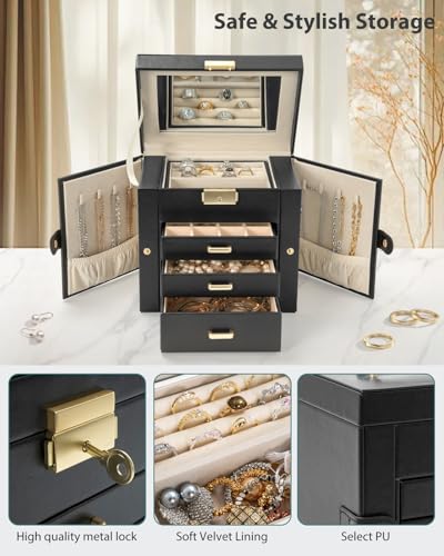 AKOZLIN 4-Tier Jewelry Box Leather Jewelry Storage Organizer with 3 Drawers Lockable for Women Girls Ring Necklace Earring...