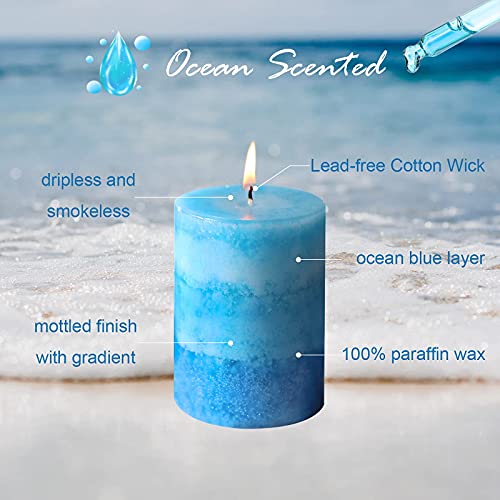 3x4 Inche Pillar Candles Ocean Scented Aromatherapy Candles Long Lasting Burn Blue Mottled 3-Layered Candles for Home Scen...