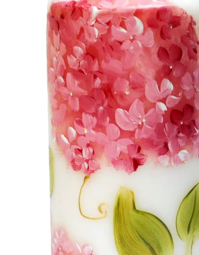 Beautiful Large Tall Decorative Romantic Hand Painted Pink Hydrangea Flower White Pillar Candle with Golden Swirls Big Flo...