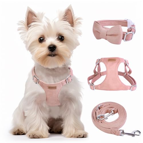 Dog Harness and Leash Set, XXS No Pull Adjustable Puppy Harness with Multifunction Pink Dog Leash and Dog Collar, Soft No ...