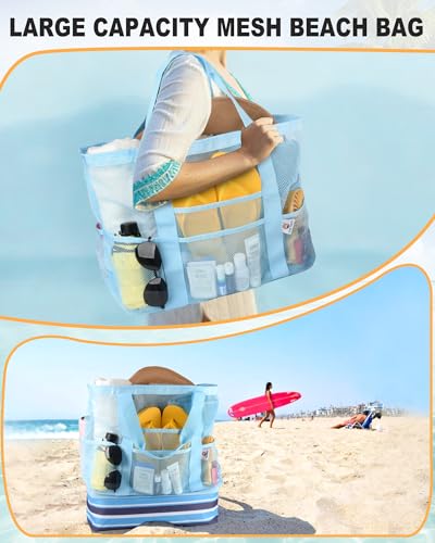 CaCTOUR Beach Bag with Cooler,Mesh Beach Bag for Women Cruise Pool,Packable Sandproof Travel Tote Bag with 8 Pockets