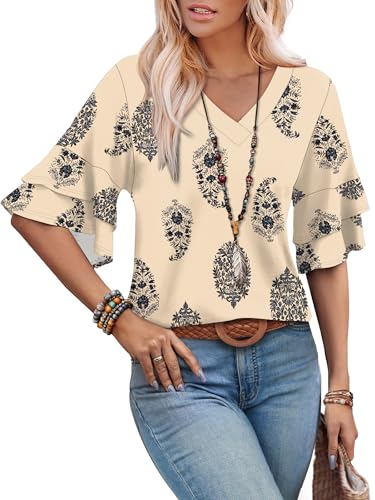 OFEEFAN Spring Tops for Women Boho Shirts Fashion Clothing Cute 3/4 Length Sleeve Blouses Dressy Casual Summer Outfits