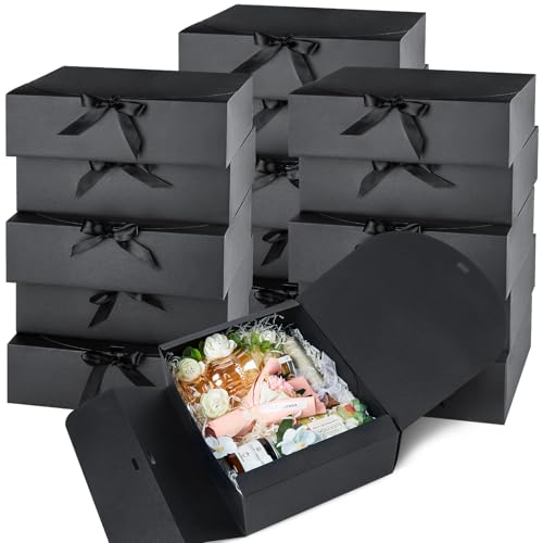 Kucoele 15 PCS Gift Boxes with Lids, 10.6 x 7.8 x 3.1 Inches Bridesmaid Gift Boxes, Black Proposal Boxes with Ribbons for ...