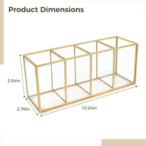 Toyosport Gold Pencil Holder, Gold Makeup Brush Holder, 4-Compartment Desktop Organizer, Transparent Glass Holder, Ideal f...
