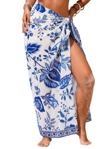 Herseas Women Sheer Sarong High Slit One Size Swimsuit Coverups 2026 Summer Floral Print Chiffon Wraps Beach Cover Up
