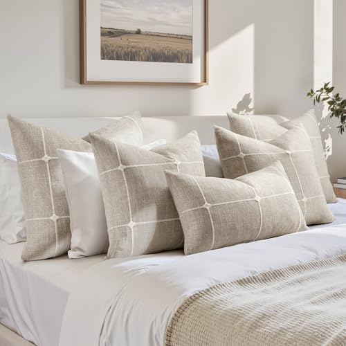 HOMEIDEAS Decorative Plaid Throw Pillow Covers 20x20 Set of 2, Tan Farmhouse Pillow Covers, Neutral Faux Linen Cushion Cov...