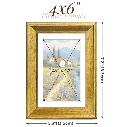 TWING 4x6 Gold Picture Frames Set of 6,Rustic Gold Frames Display Pictures 3x5 with Mat or 4x6 Without Mat,Tabletop Displa...
