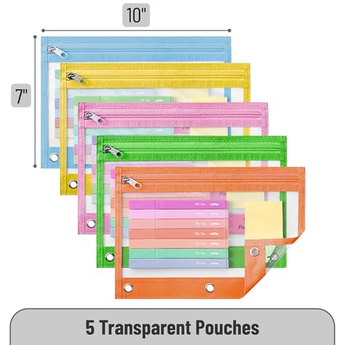 Mr. Pen Pencil Pouch Set, 5 Pack, Clear Zipper Pencil Pouches for 3 Ring Binder, Multicolor