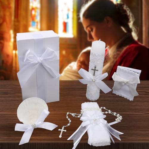 Baptism Candle Set for Boys and Girls,White 5 PCS Baptism Kit Catholic Candle,Baptismal Towel,Shell,Rosary,Bible for Bapti...