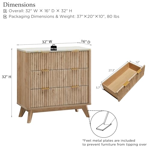 T4TREAM Fluted 3 Drawers Nightstand Set of 2, Oversized Extra Large Modern Side Table with Faux Marble Top, End Table Beds...