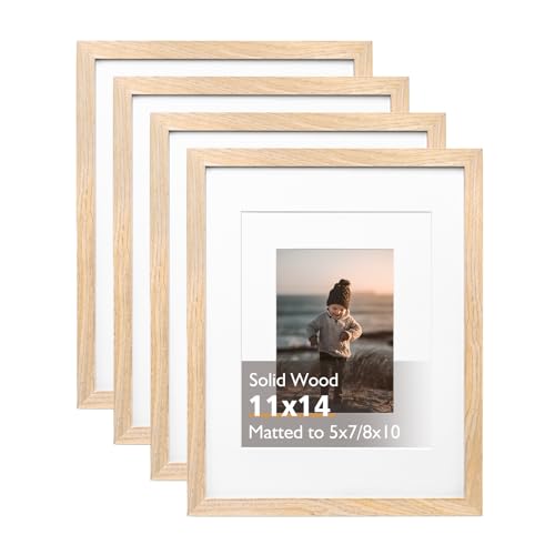 KINLINK 11x14 Picture Frame Natural, Solid Wood Frames 14x11 with Acrylic Plexiglass for Pictures 5x7/8x10 with Mat or 11x...