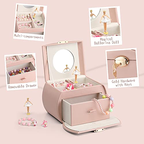 Vlando Kids Musical Jewelry Box for Girls with Drawer, Music Box with Ballerina and Stickers for Birthday Bedroom Decor, V...