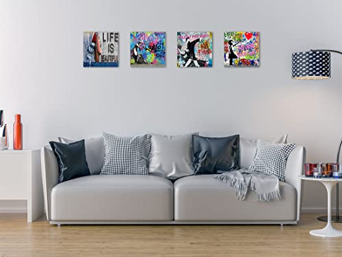 Biufo Banksy Canvas Wall Art Artwork Graffiti Street Print Pictures for Bedroom Living Room Wall Decor (12"x12"x4Pcs)