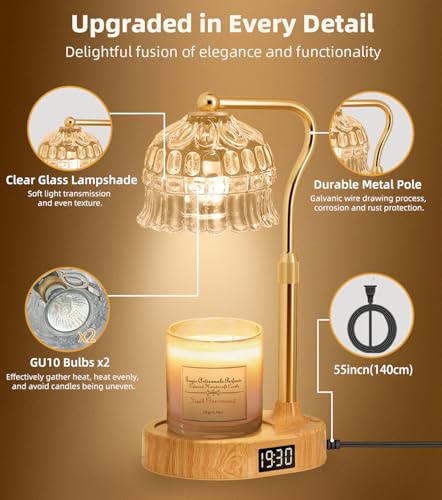 Candle Warmer Lamp with Timer | Adjustable Height & Dimmable | Base Control with GU10 Heating Bulb | Stylish Flameless Wax...