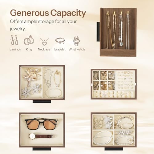 HOOBRO Jewelry Box with Mirror, Wooden Jewelry Organizer Box with Side Clear Acrylic Panel, Large Jewelry Case for Earring...