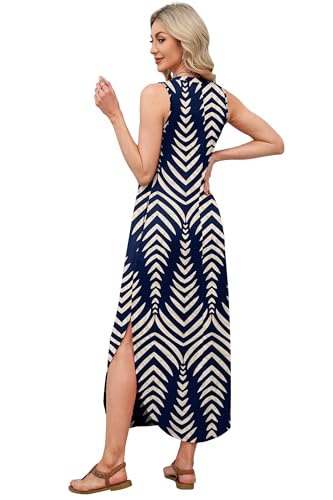 OFEEFAN Maxi Dresses for Women 2026 Loose V Neck Sleeveless Casual Beach Vacation Dress Side Slit Sundresses with Pockets
