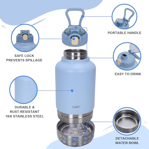 GiNT 37oz Insulated Stainless Steel Dog & Human Water Bottle, All-in-1 Travel Dispenser with Detachable Bowls & Carrying C...