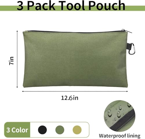 3 Pack Tool Bag Zipper Pouch, Premium Tool Pouch, Utility Multipurpose Storage Organizer Tool Pouches with Carabiner Metal...