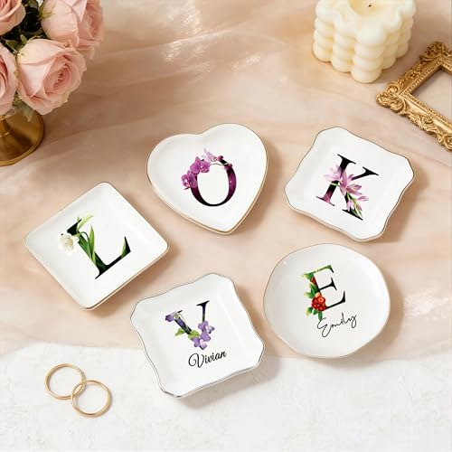 KeenlyMade Custom Ceramic Ring Dish, Personalized Jewelry Tray with Initial, Earrings Necklaces Bracelet Watch Keys Trinke...