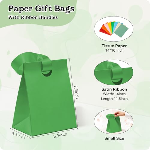 Paper Gift Bags with Ribbon Handles: 8 Pack Small Gift Bags, 8 Assorted Colors Bulk with 16 Tissue Paper, Reusable & Durab...