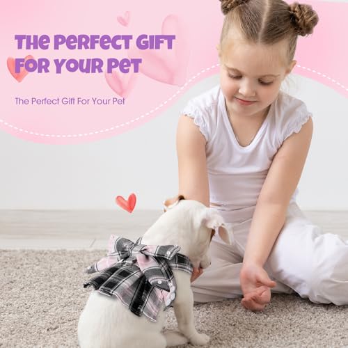 Yearntown 4 Pcs Plaid Dog Dress with Pearls Bow Tie Harness Leash Cute Puppy Dress for Small Dogs Puppy Clothes for Pet Ch...