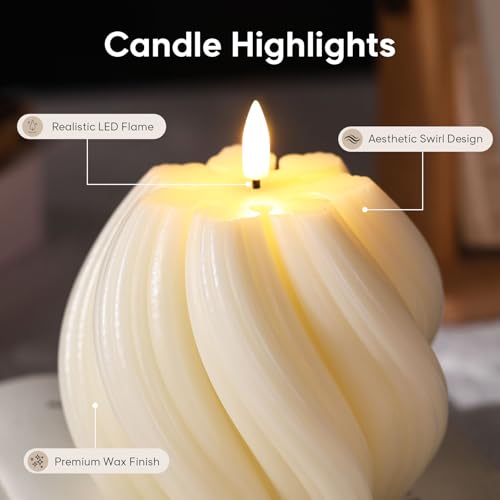 Girimax Cream White Swirl Flameless Candles with Remote, Aesthetic Twirl LED Pillar Candle Housewarming Gift Home Shelf De...