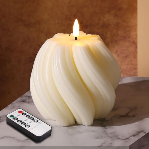 Girimax Cream White Swirl Flameless Candles with Remote, Aesthetic Twirl LED Pillar Candle Housewarming Gift Home Shelf De...